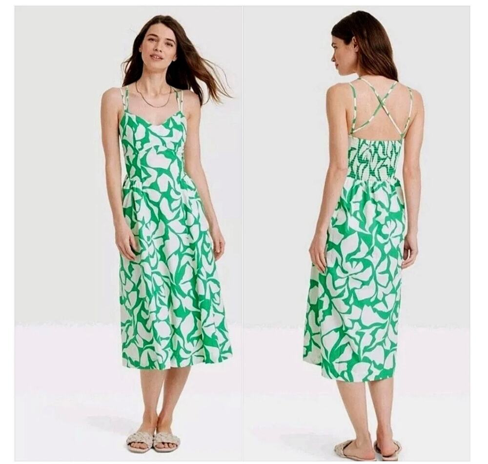 A New Day Cotton Floral Midi Sundress Green and White SZ XL